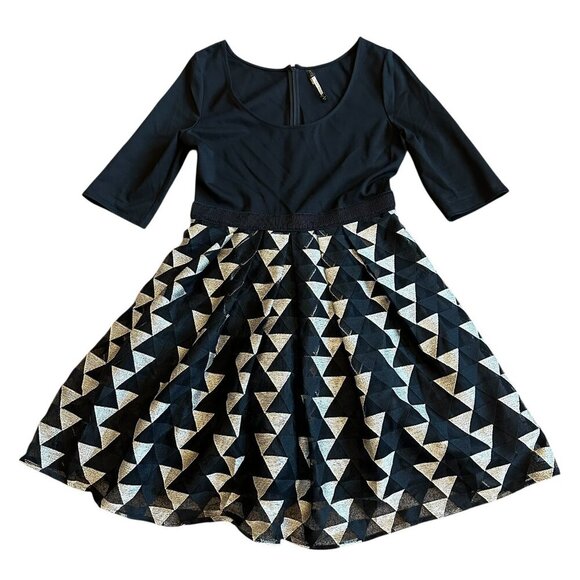 Plenty by Tracy Reese Black Gold A-Line Dress Stretch Top Party Size 12 Women's - Picture 3 of 12